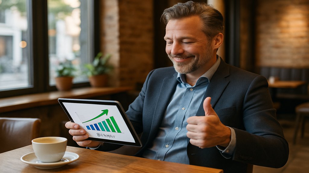 Agenturleiter überprüft Einnahmenberichte auf einem Tablet in einem Café.