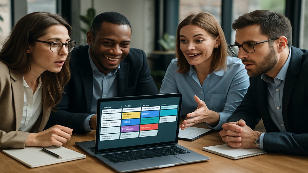 Agenturteam diskutiert ein Projektmanagement-Tool am Laptop.