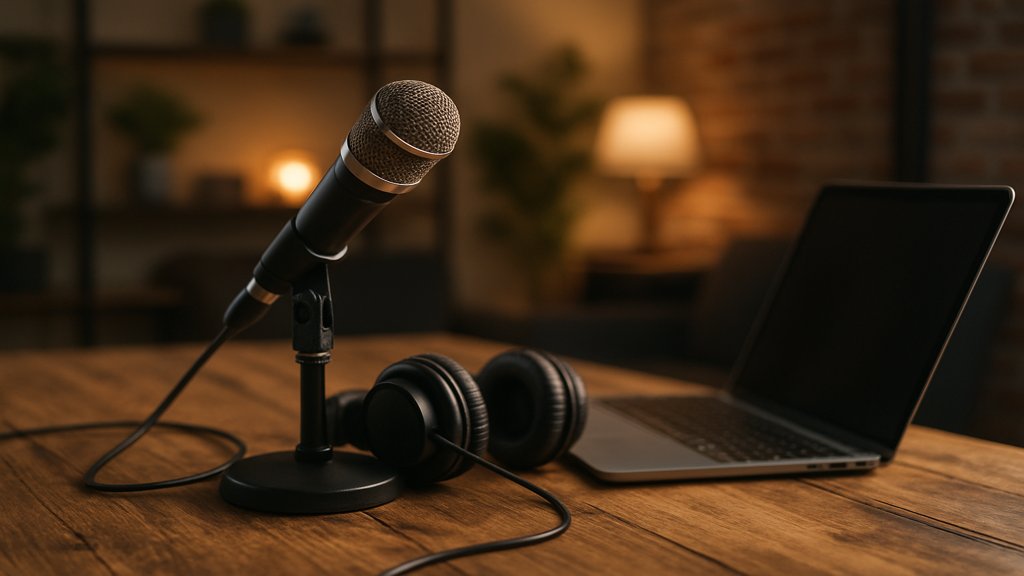 Ausrüstung für einen Podcast: Mikrofon, Kopfhörer und Laptop.
