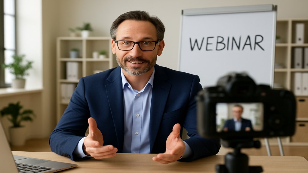 Berater bei der Aufnahme eines Videos für Webinar in einem modernen Büro.