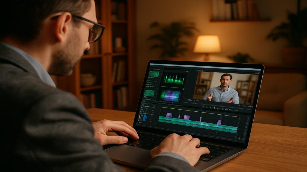 Berater bei der Bearbeitung eines Videos auf einem Laptop.