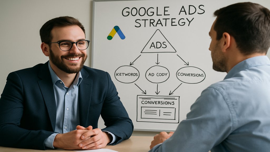 Berater spricht mit einem Kunden, während im Hintergrund ein Whiteboard mit Google Ads-Skizzen zu sehen ist.
