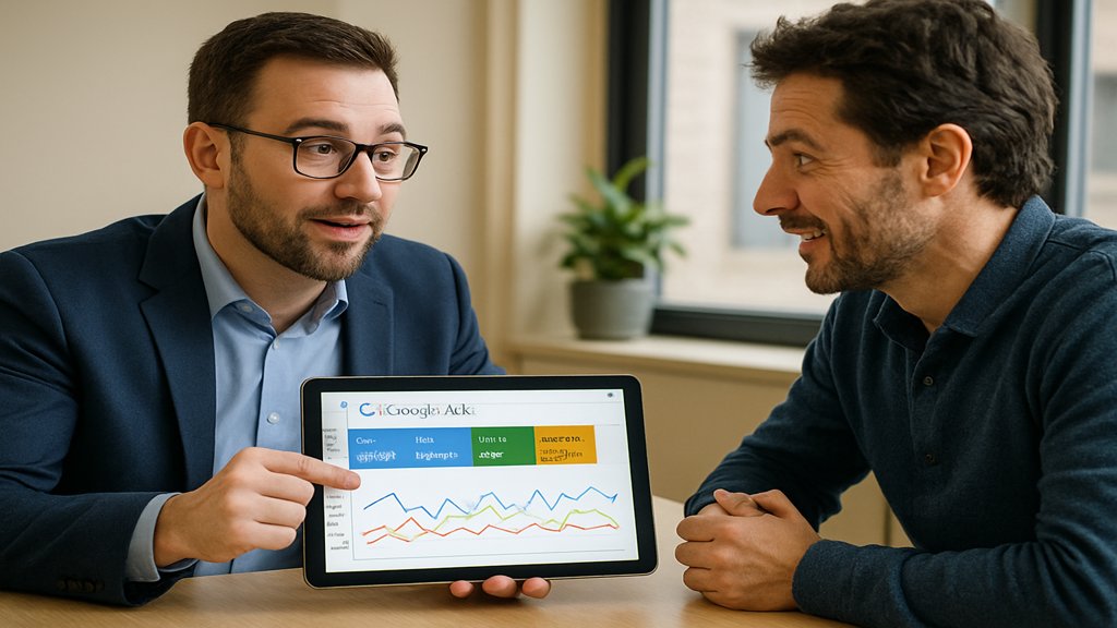 Berater zeigt einem Kunden Google Ads-Ergebnisse auf einem Tablet.