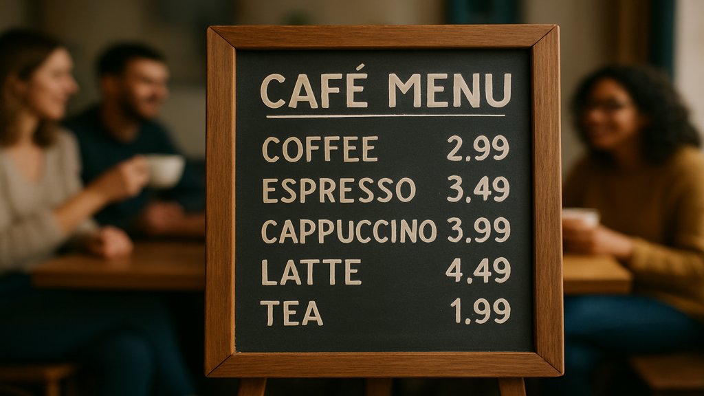 Charm Pricing auf einem Café-Menü mit entspannten Gästen im Hintergrund.