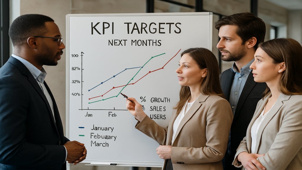 Ein Agentur-Team diskutiert KPI-Ziele an einem Whiteboard.