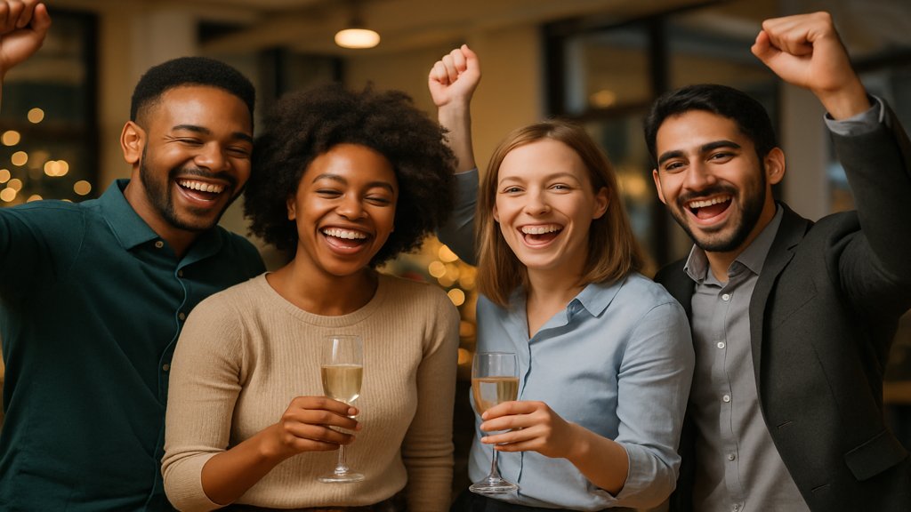Ein Agenturteam feiert gemeinsam bei einem Teamevent.