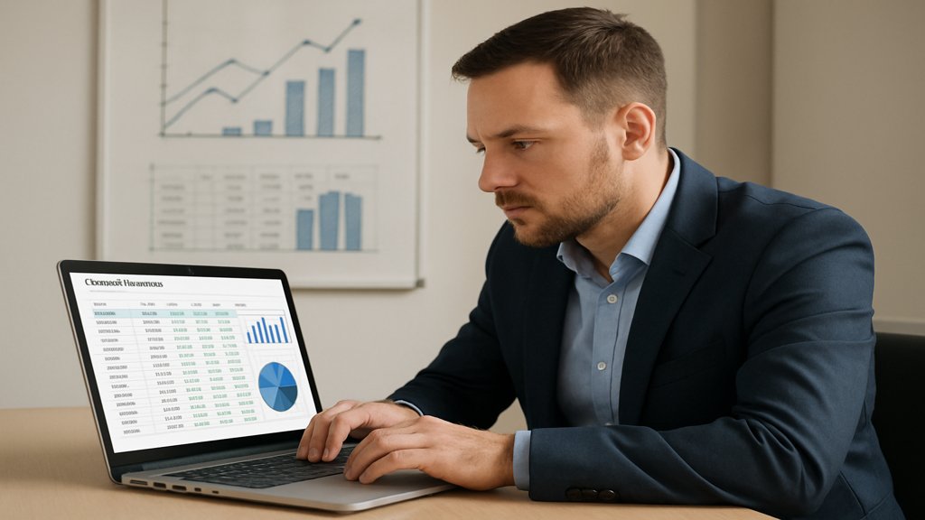 Ein Analyst analysiert Kundenprofitabilität am Laptop.