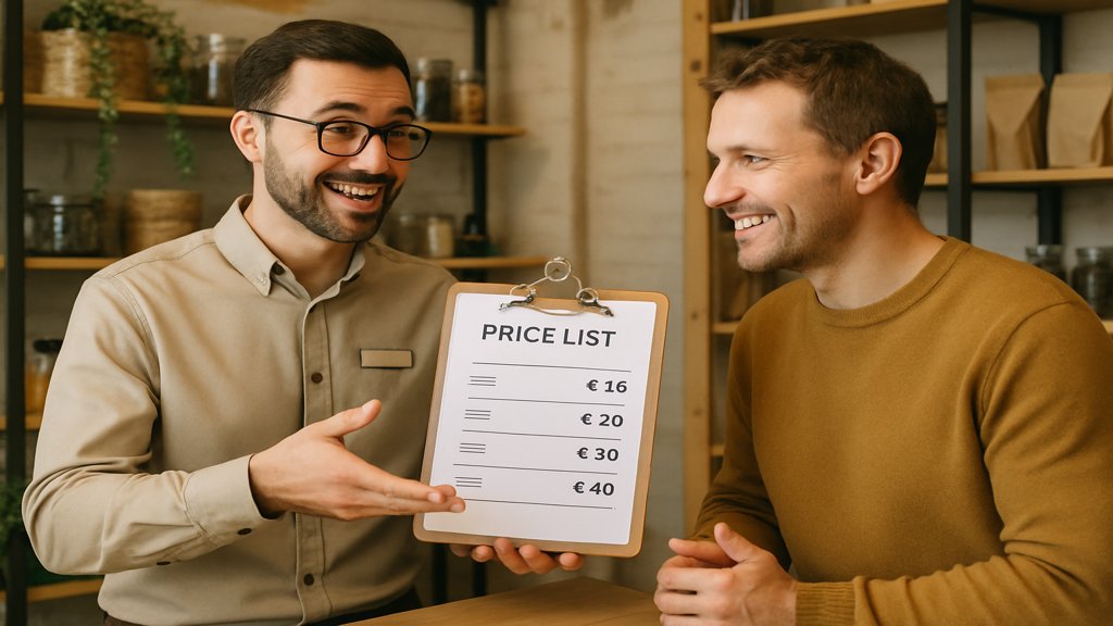 Ein Berater, der einem Kunden eine Preisliste erläutert.