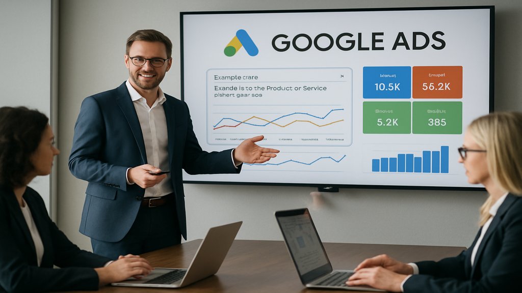 Ein Berater präsentiert eine Google Ads-Kampagne auf einem Bildschirm.