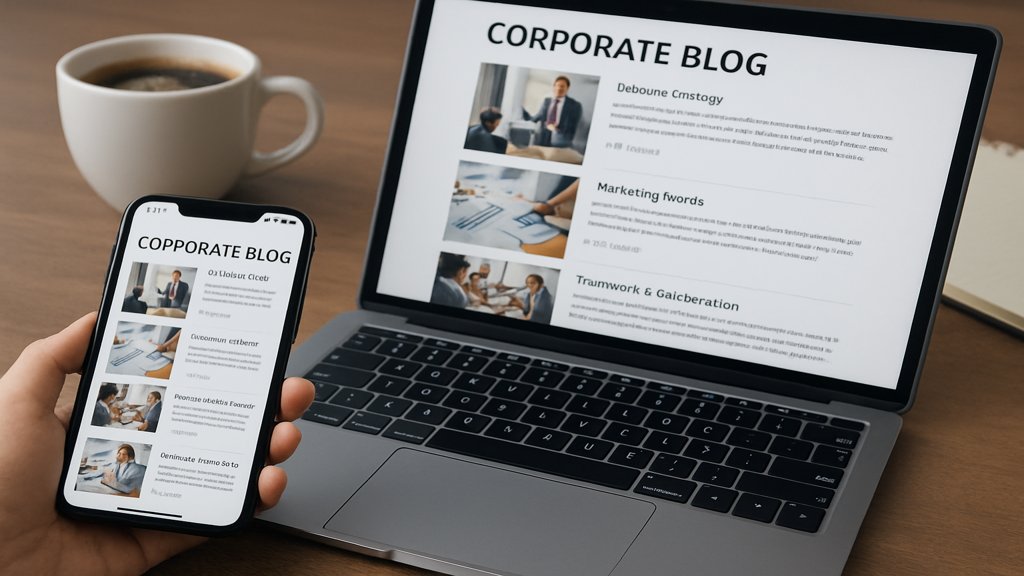 Ein Corporate Blog wird auf einem Smartphone und Laptop angezeigt.