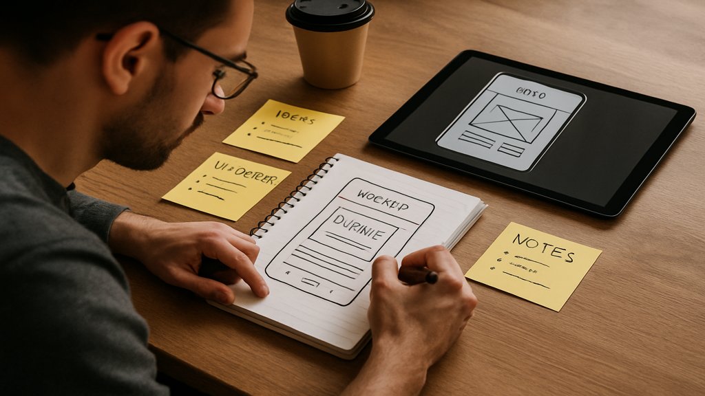 Ein Designer, der ein digitales Produkt skizziert, umgeben von kreativen Tools.