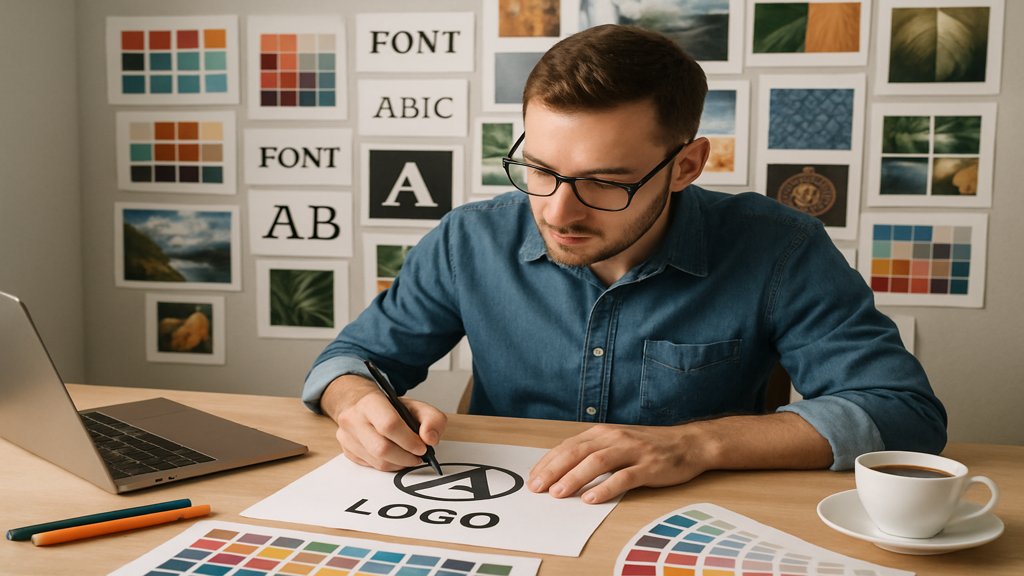 Ein Designer, der ein Logo entwirft, mit einer Moodboard-Wand im Hintergrund.