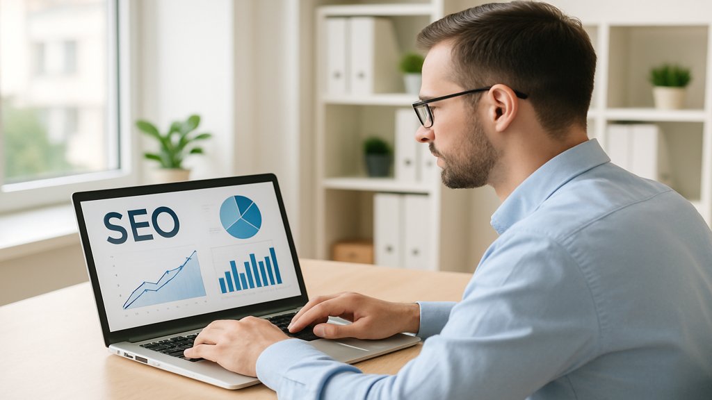 Ein Dienstleister, der SEO-Daten auf seinem Laptop analysiert.