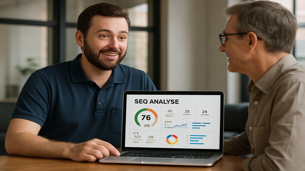 Ein Dienstleister erklärt einem Kunden die Ergebnisse einer SEO-Analyse.