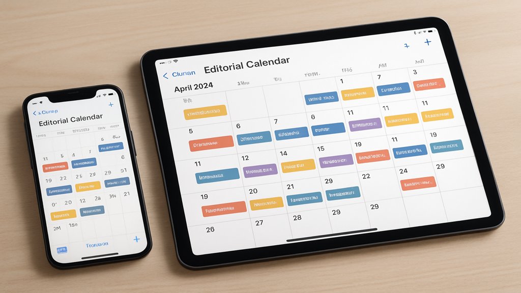 Ein digitaler Redaktionsplan auf einem Smartphone und Tablet.
