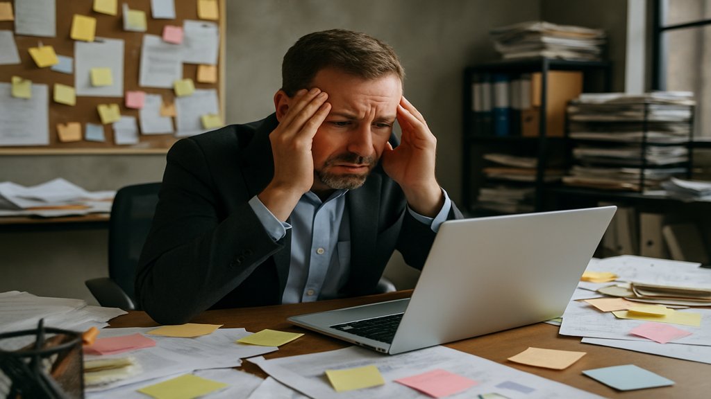 Ein gestresster Agenturleiter vor einem Laptop mit chaotischem Schreibtisch.