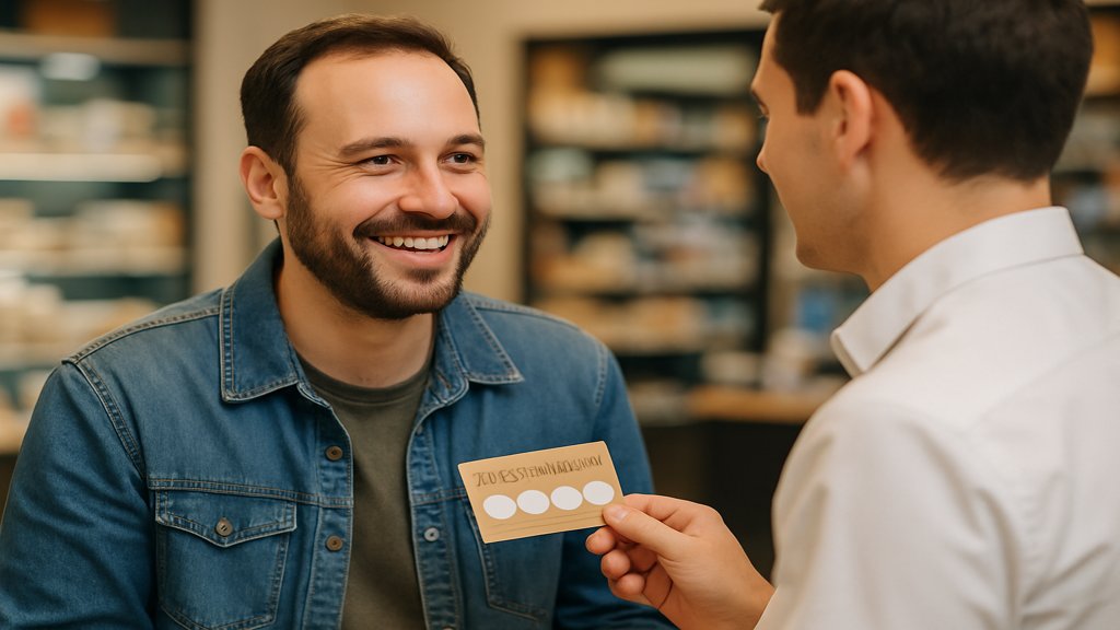 Ein Kunde im Gespräch mit einem Mitarbeiter über ein Treueprogramm.