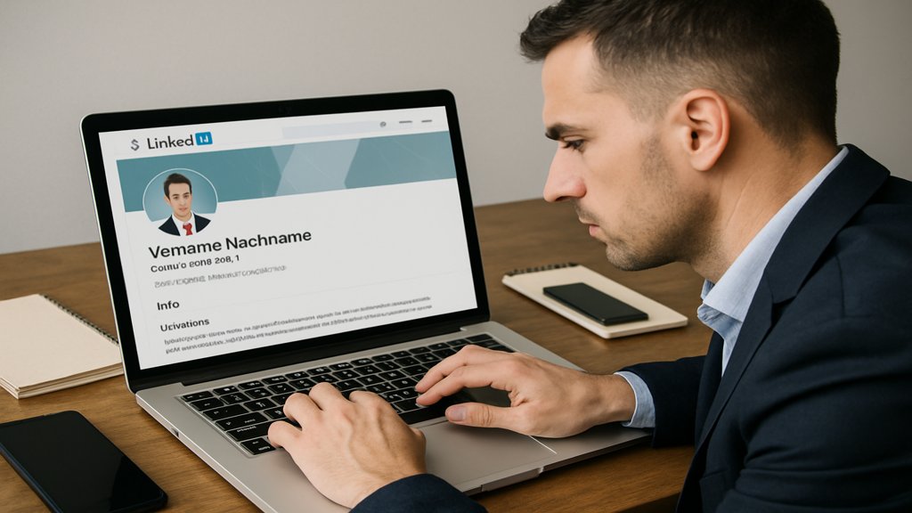 Ein LinkedIn-Profil auf einem Laptop, genutzt für Akquise.