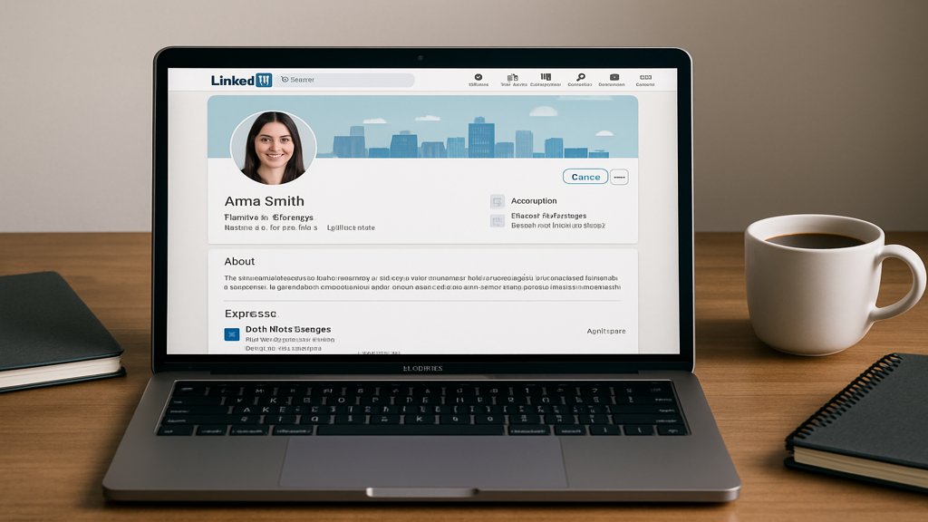 Ein LinkedIn-Profil auf einem Laptop, umgeben von Notizbüchern und einem Kaffeebecher.