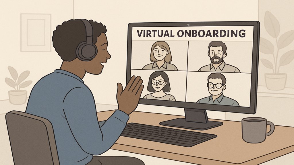 Ein Mitarbeiter bei einem virtuellen Onboarding-Prozess, der per Videokonferenz stattfindet.