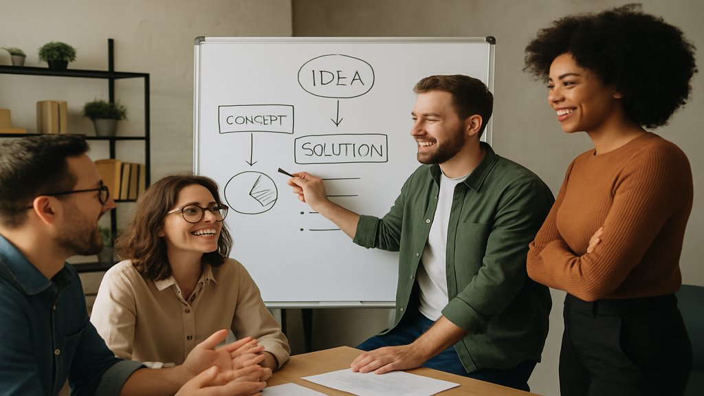 Ein motiviertes Agenturteam bei einer Besprechung vor einem Whiteboard.