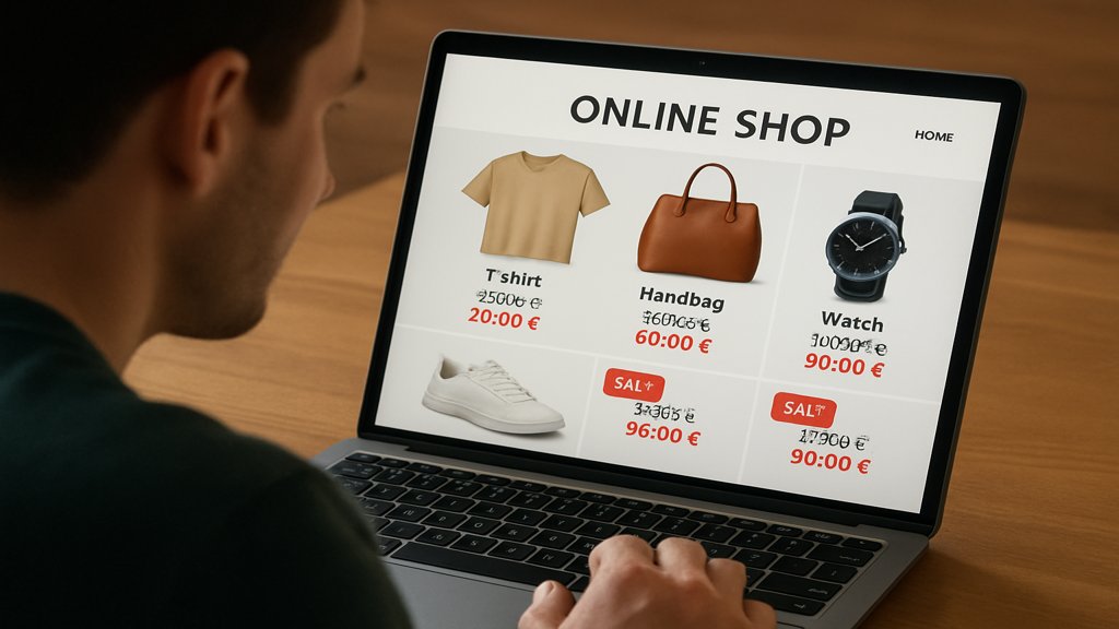 Ein Online-Shop mit klarer Preisstruktur auf einem Laptop.