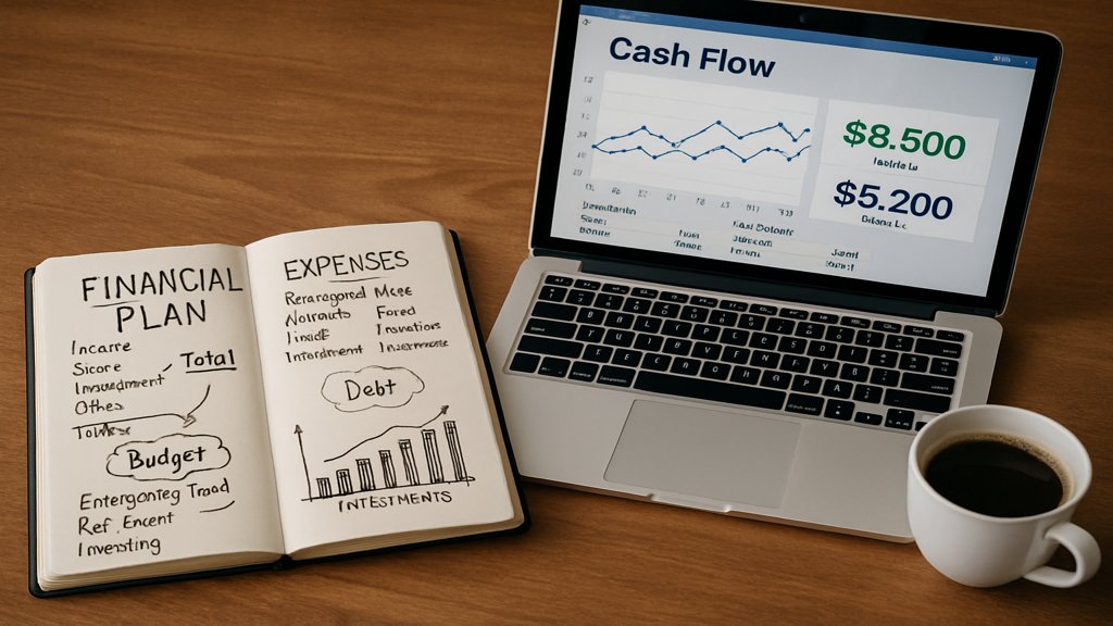 Ein Schreibtisch mit Cashflow-Planungsnotizen und einem Laptop.
