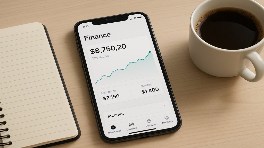 Ein Smartphone mit einer Finanz-App, neben einem Notizbuch und einer Kaffeetasse.