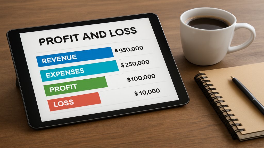 Ein Tablet mit einer Infografik zur Gewinn- und Verlustrechnung auf einem Schreibtisch.