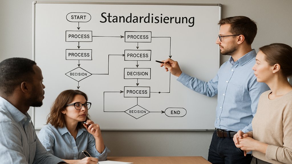 Ein Team arbeitet an einem Prozessdiagramm zur Standardisierung.