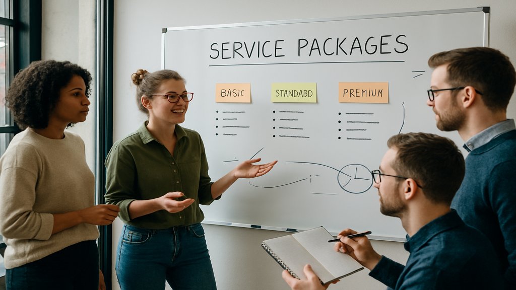 Ein Team arbeitet an einer Präsentation zur Erstellung von Dienstleistungspaketen.