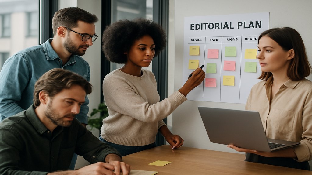 Ein Team arbeitet gemeinsam an einem Redaktionsplan.