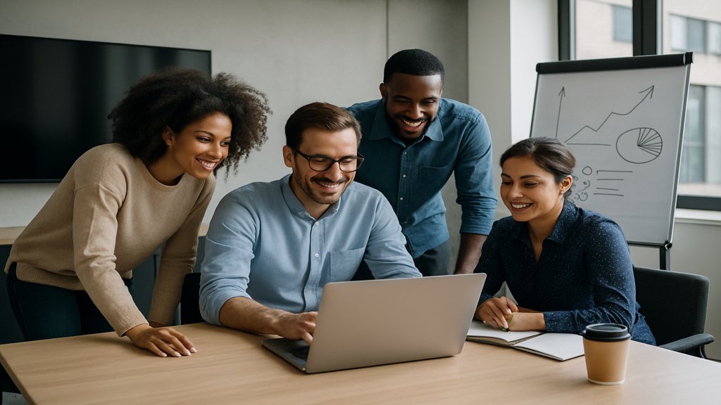 Ein Team arbeitet gemeinsam an einer Wachstumsstrategie für eine Agentur.
