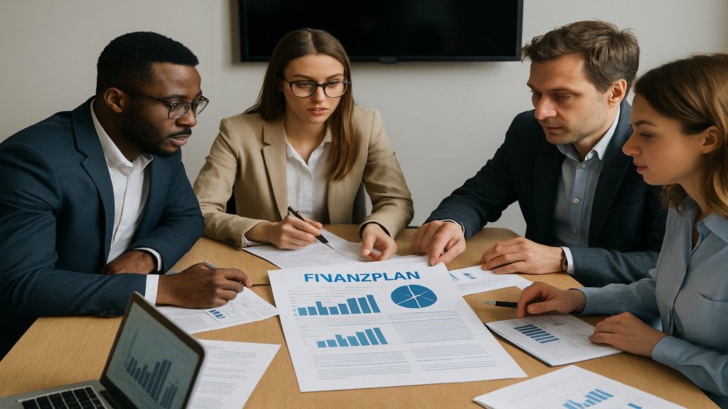 Ein Team, das an einem Finanzplan arbeitet, mit Dokumenten und Laptops auf dem Tisch.