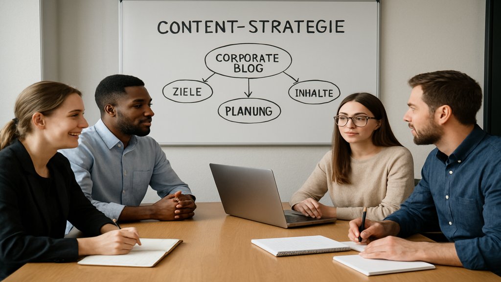 Ein Team diskutiert die Strategie für einen Corporate Blog in einem Konferenzraum.