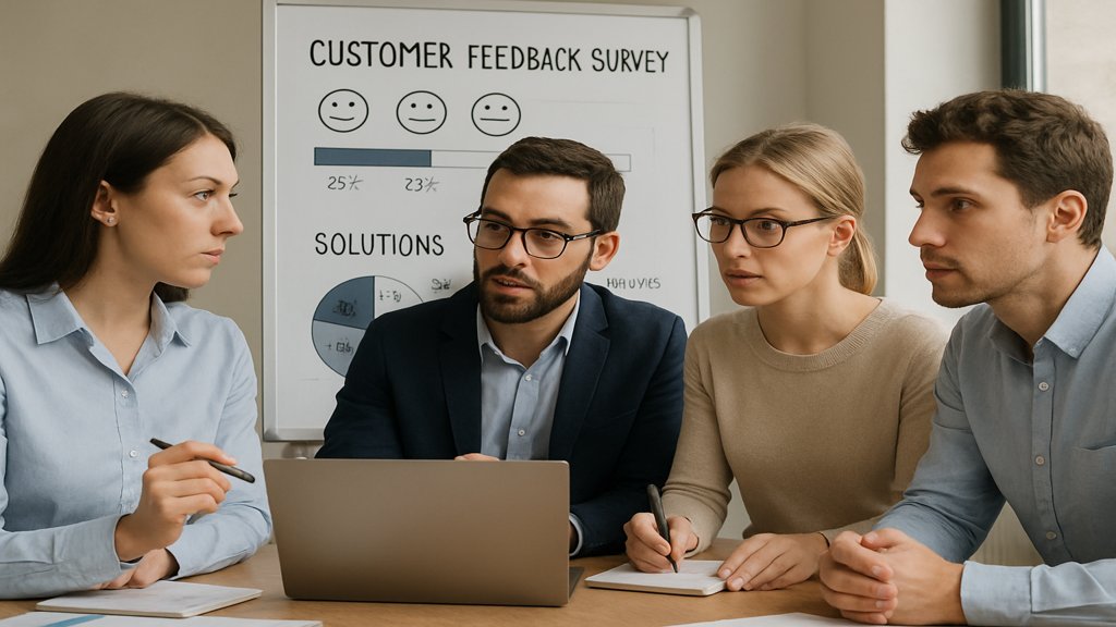 Ein Team diskutiert Kundenfeedback für bessere Strategien.