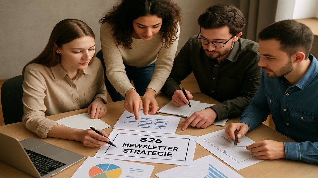 Ein Team im Büro, das an einer Newsletter-Strategie arbeitet.