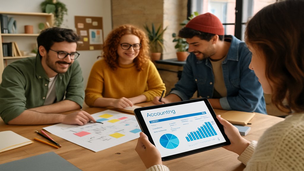 Ein Team in einem Büro, eine Person nutzt eine Buchhaltungssoftware auf einem Tablet.