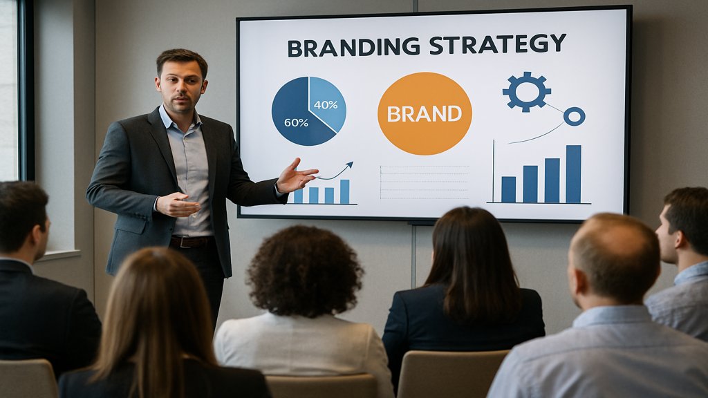 Ein Team in einem Konferenzraum bei einer Markenstrategie-Präsentation.