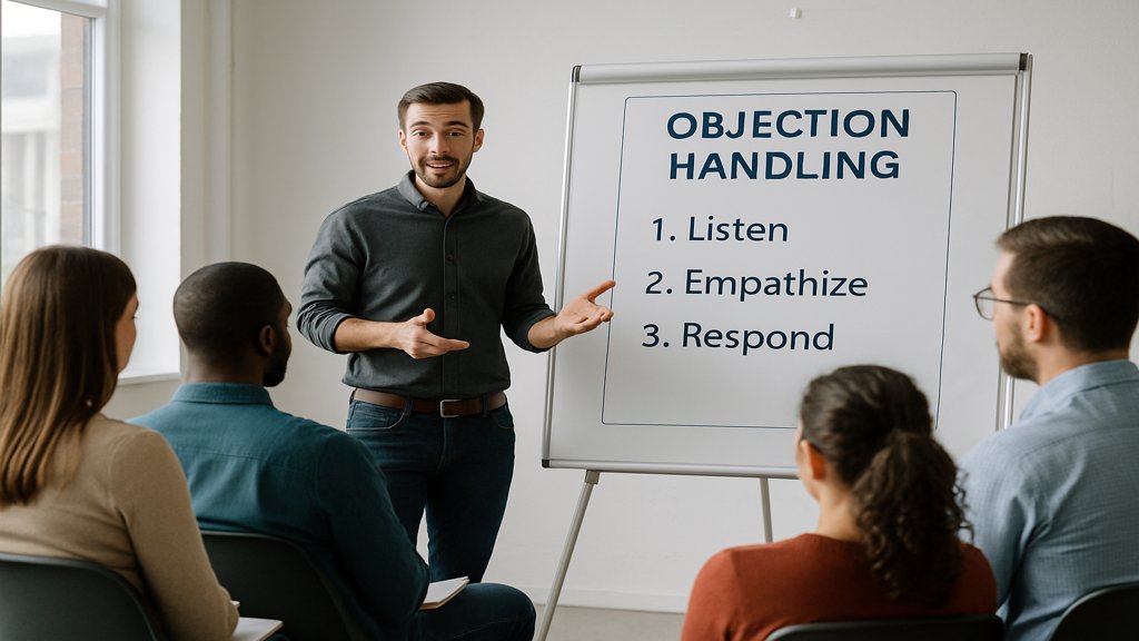 Ein Team in einem Schulungsraum bei einem Workshop zur Einwandbehandlung.