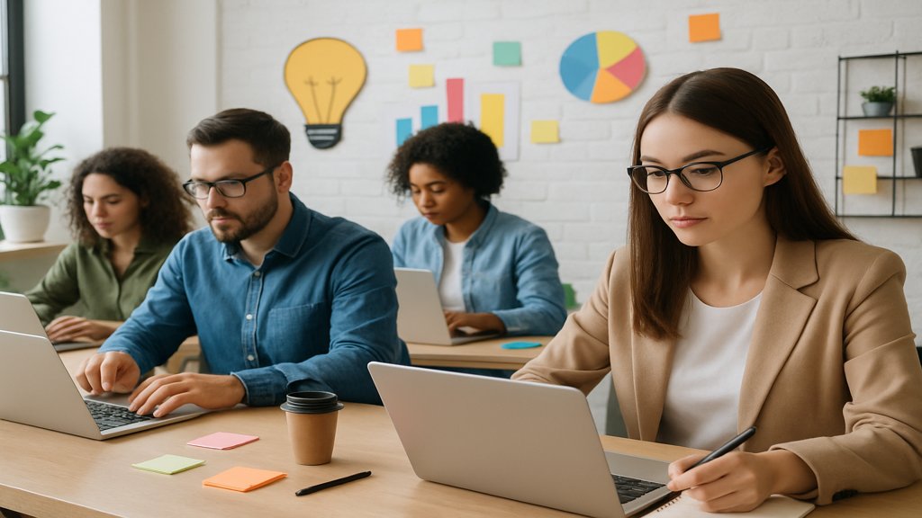 Ein Team von Agenturmitarbeitern arbeitet gemeinsam an einem Projekt.