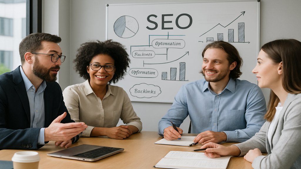 Ein Team von Dienstleistern, das SEO-Strategien diskutiert.