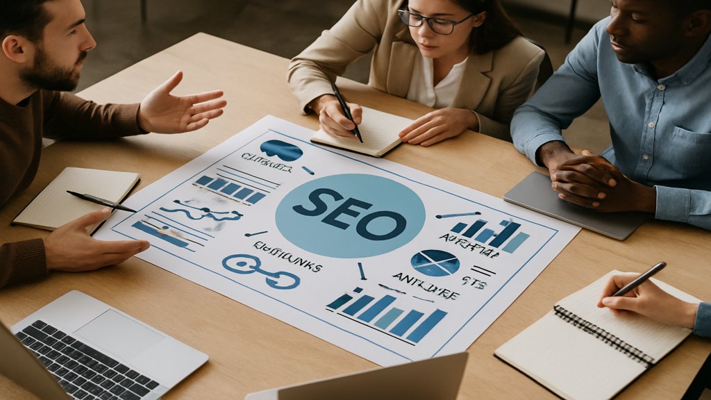 Ein Team von Dienstleistern diskutiert eine SEO-Strategie mit Infografiken und Laptops.