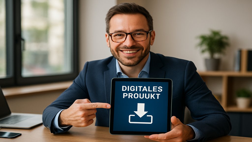 Ein Unternehmer präsentiert stolz sein digitales Produkt auf einem Tablet.