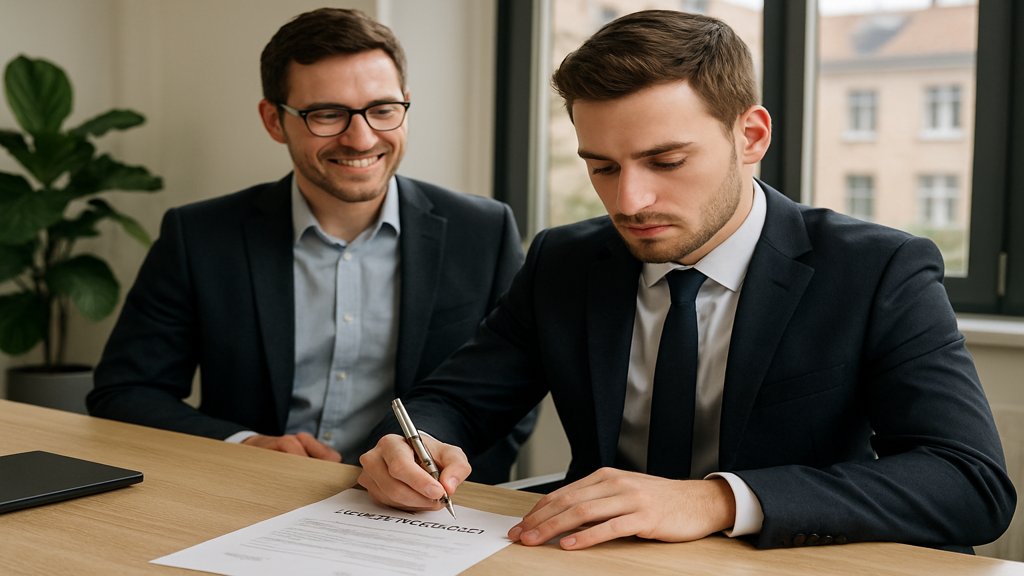 Ein Unternehmer unterschreibt einen Arbeitsvertrag für seinen ersten Mitarbeiter.