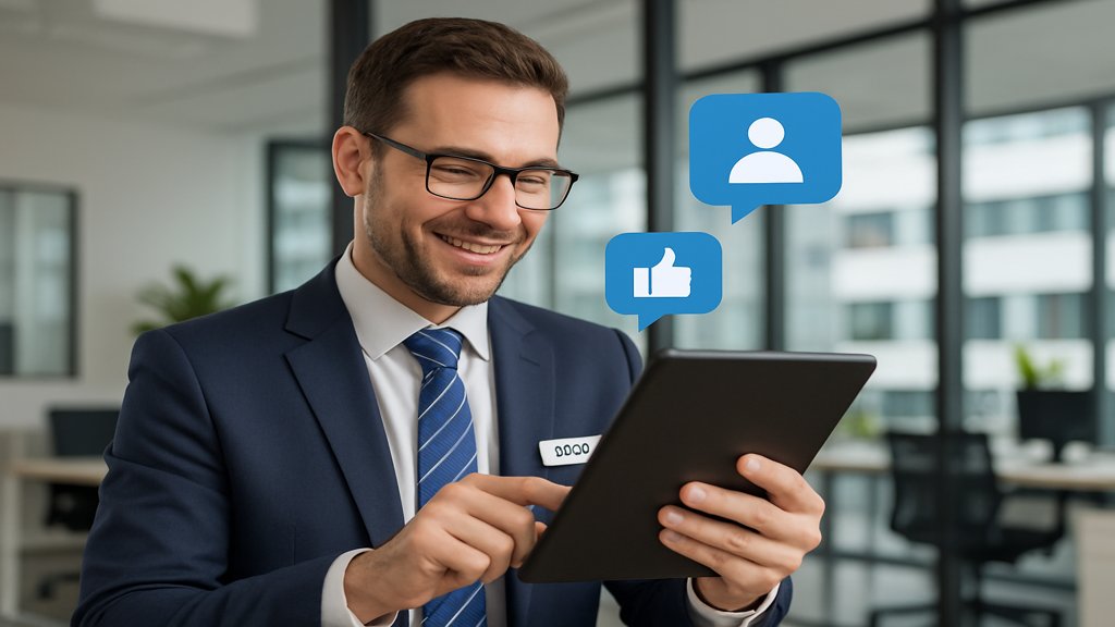 Ein Verkäufer nutzt ein Tablet für Social Selling in sozialen Medien.