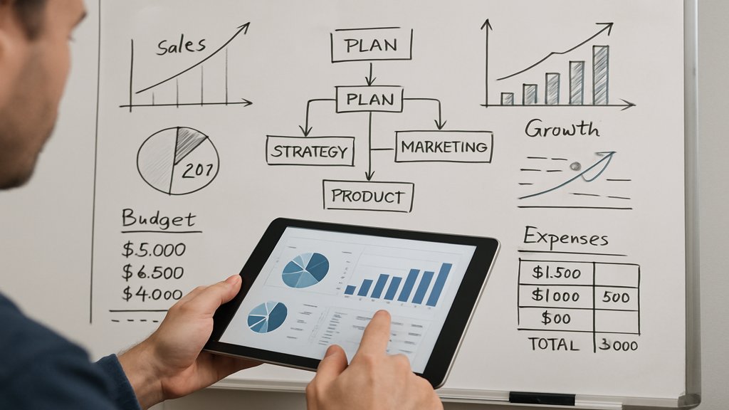 Ein Whiteboard mit Finanzdiagrammen und eine Person, die ein Tablet benutzt.