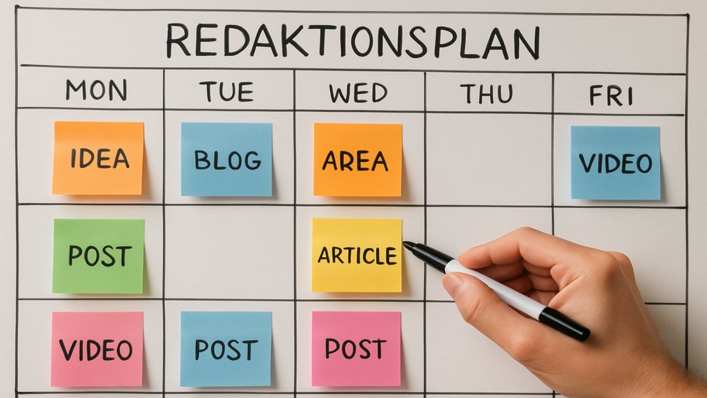 Ein Whiteboard mit Haftnotizen, das einen Redaktionsplan darstellt.