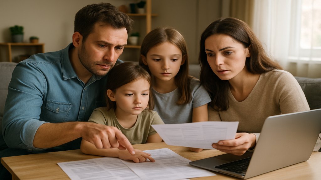 Eine Familie diskutiert über finanzielle Rücklagen mit einem Laptop und Papieren.