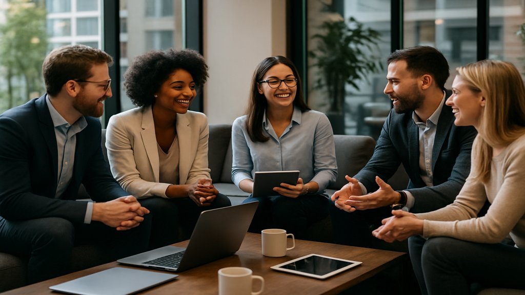 Eine Gruppe von Menschen in einer Lounge, die sich über Geschäftsstrategien unterhält.